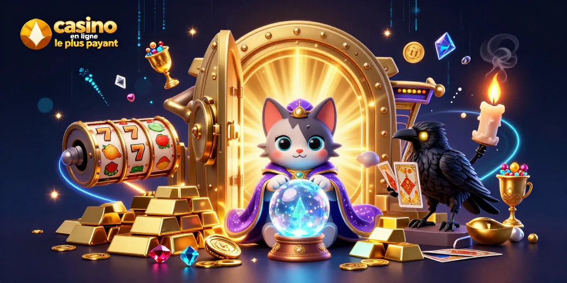 Illustration dynamique du "casino en ligne le plus payant" avec un chat mystique et un corbeau, entourés d'éléments de jeux de casino.
