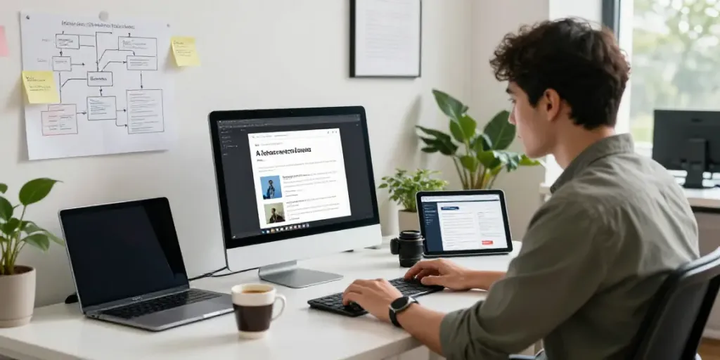 Learn how to write articles from RSS feeds with AI in a modern tech workspace.