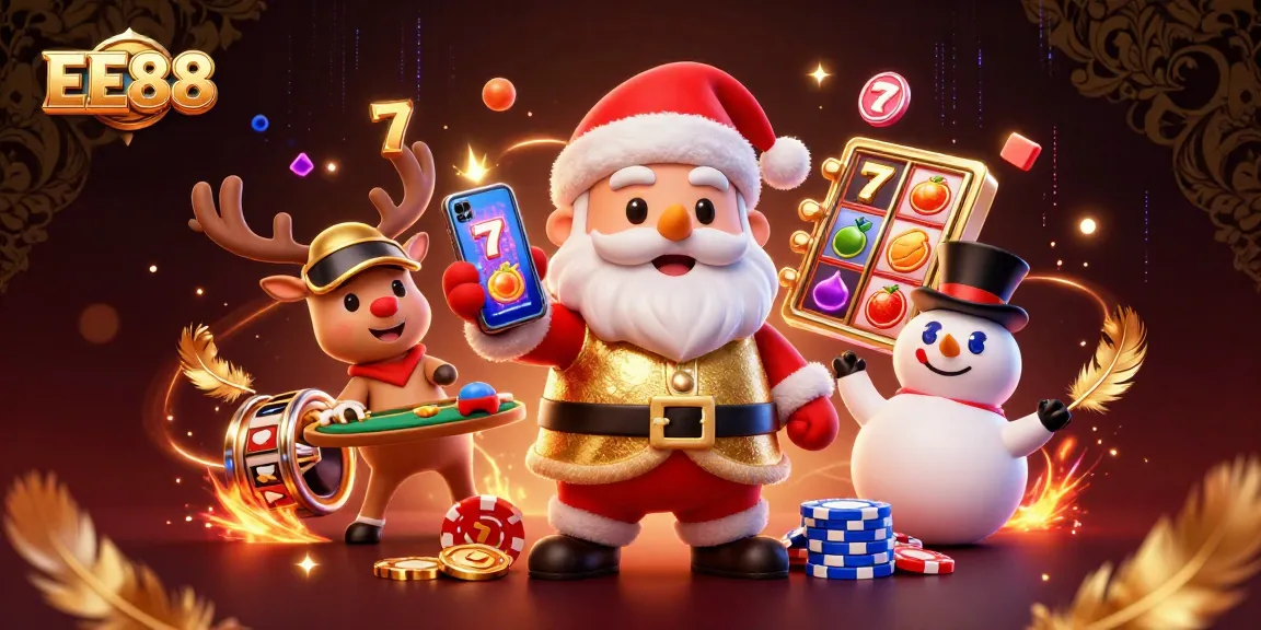 Experience exciting jackpot wins with EE88 in a lively casino scene featuring Santa and friends.