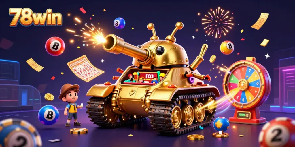 Experience the thrill of 78win's miniature casino within a golden beetle tank, bursting with lottery balls and confetti.