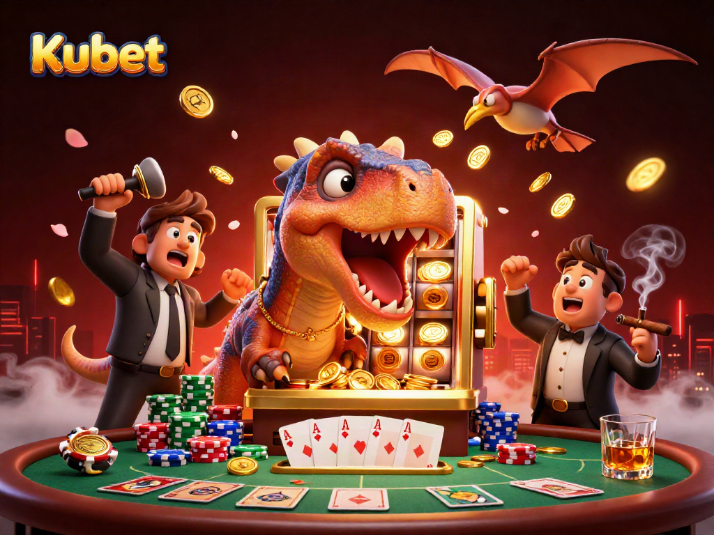Kubet features a pachycephalosaurus winning a jackpot from a slot machine amidst colorful poker elements.