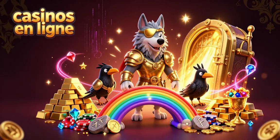 Plongez dans l'univers des casinos en ligne avec cette illustration dynamique mettant en scène un loup Odin et des éléments de jeu captivants.
