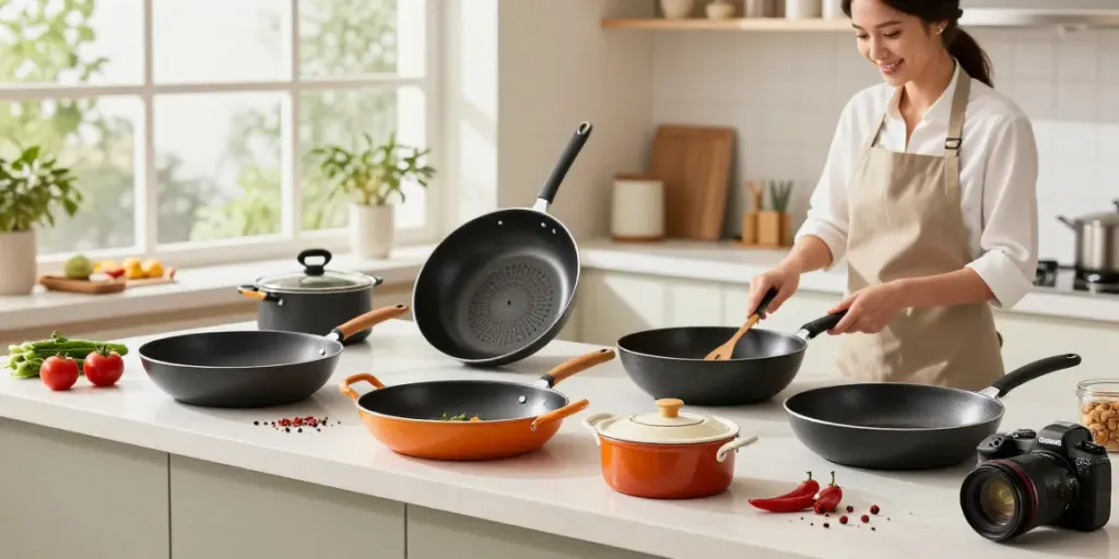 Explore Non-Stick Cookware price in Bangladesh with a vibrant kitchen scene highlighting various cookware and fresh ingredients.