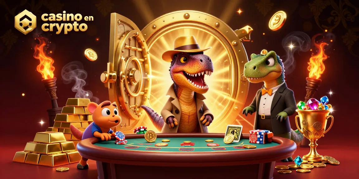 Casino en crypto : illustration d'un vélociraptor à une table de blackjack avec des éléments de jeu.