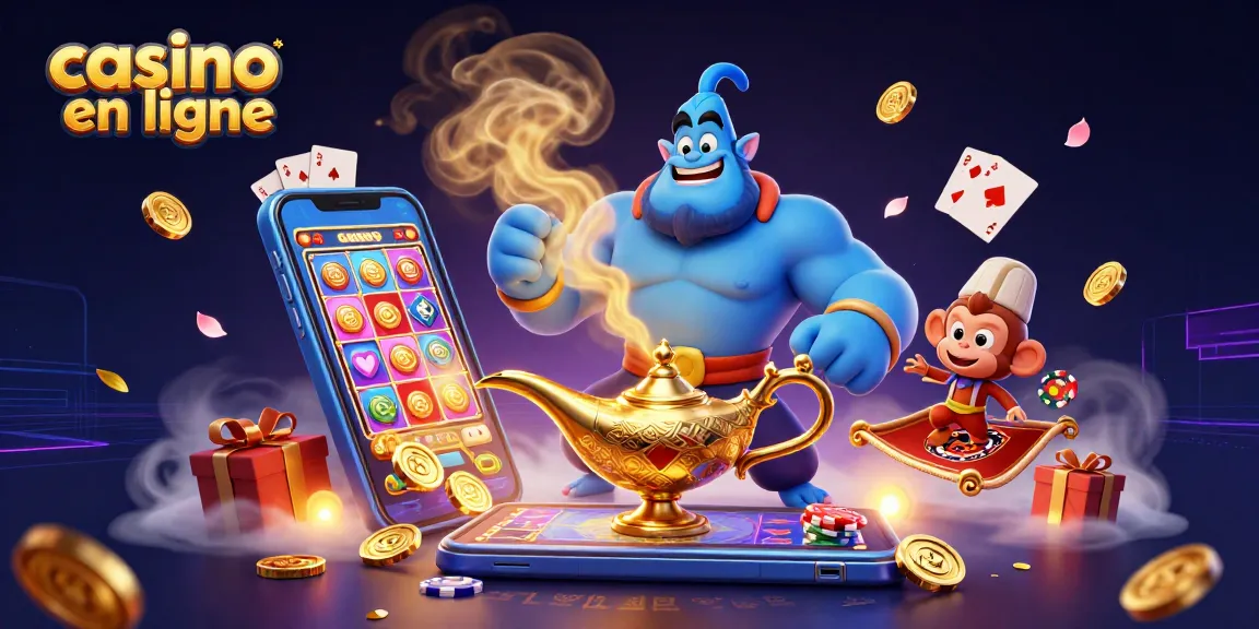 Gagnez aux jeux passionnants du casino en ligne avec une illustration dynamique de la lampe magique.