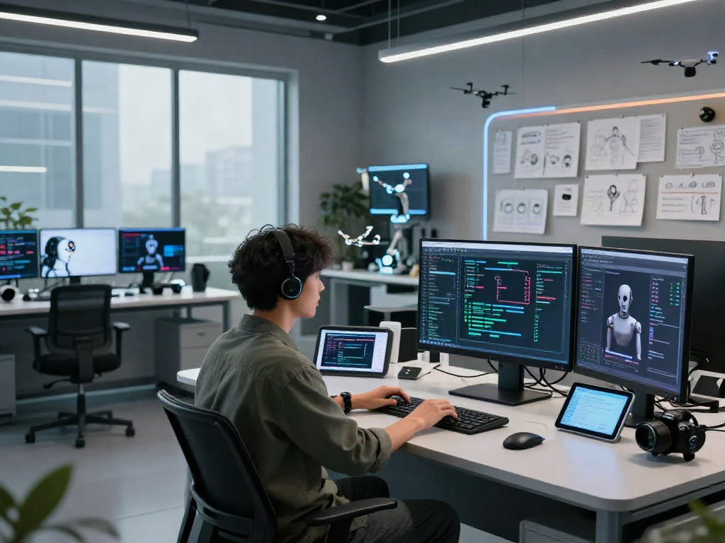 Futuristic coding environment showcasing a programmer developing a sex bot prototype with advanced technology.