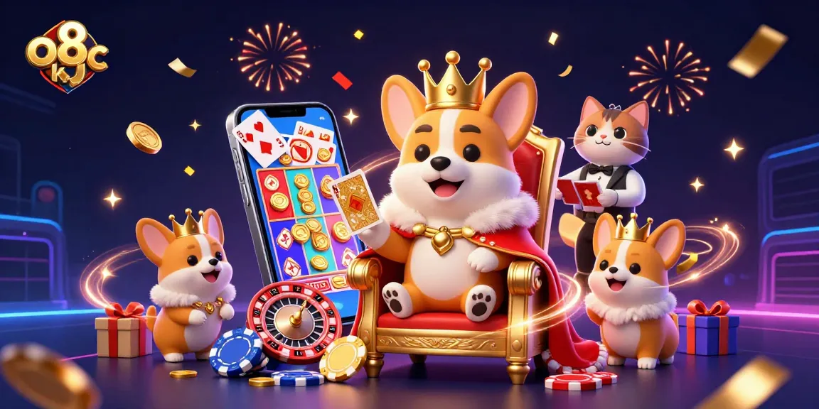 Experience thrilling gaming at o8 kjc with a royal corgi amidst vibrant slot games and dazzling celebrations.