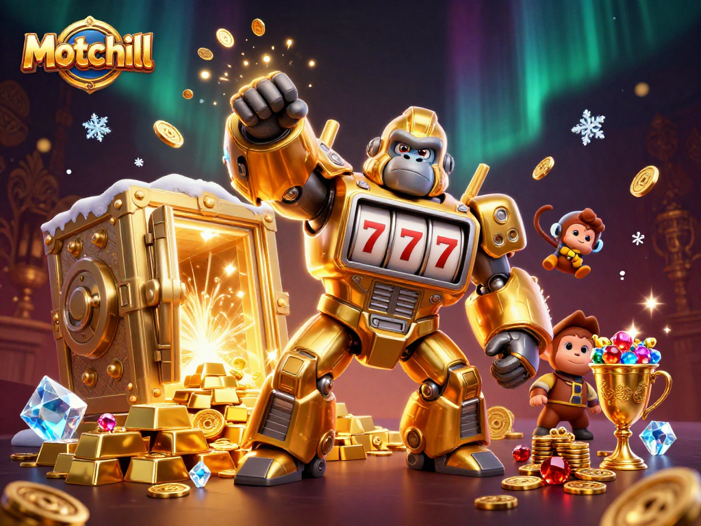 Motchill features a golden gorilla mech smashing through coins in an exciting casino scene.