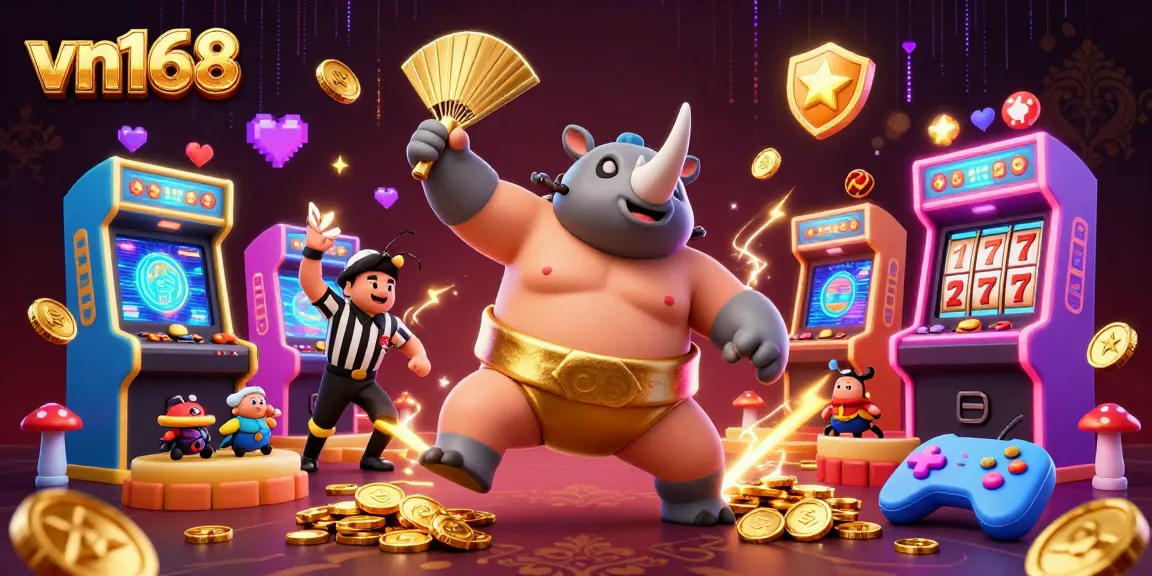 Experience the excitement of vn168 with a vibrant scene of a beetle sumo champion amidst colorful casino elements.