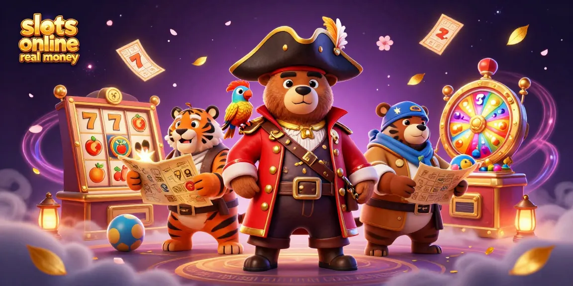 Play slots online real money with an exciting casino illustration featuring animated characters and vibrant game elements.