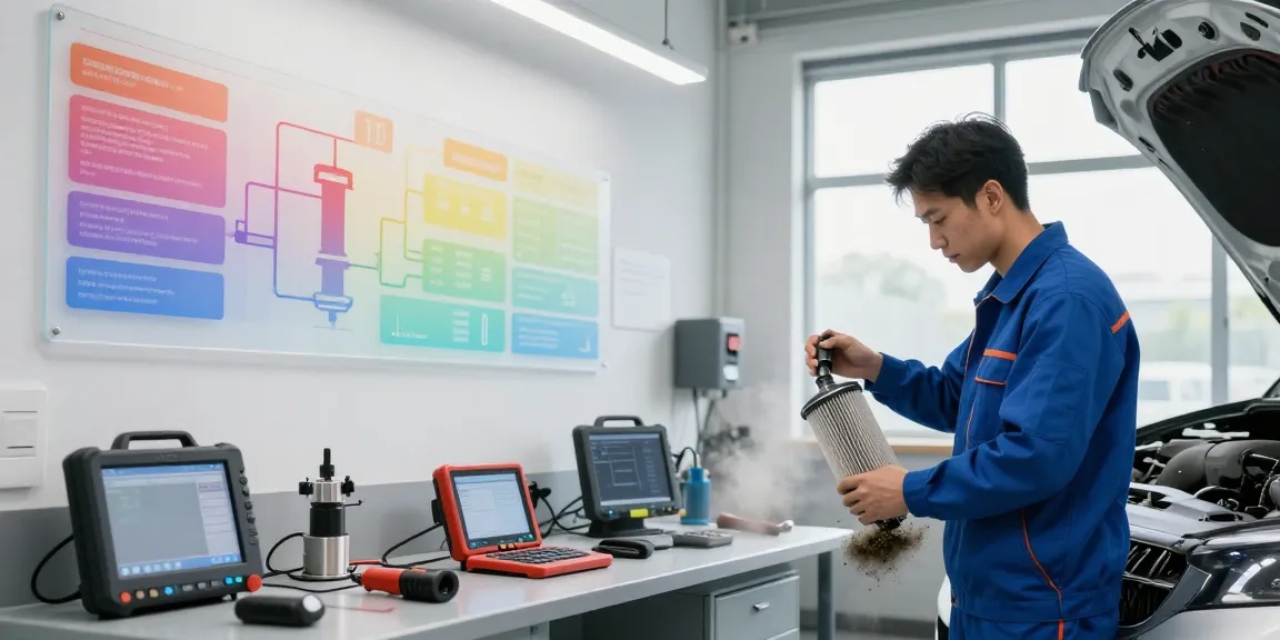 Mechaniker führt DPF-Regeneration durch, um Partikel zu entfernen.