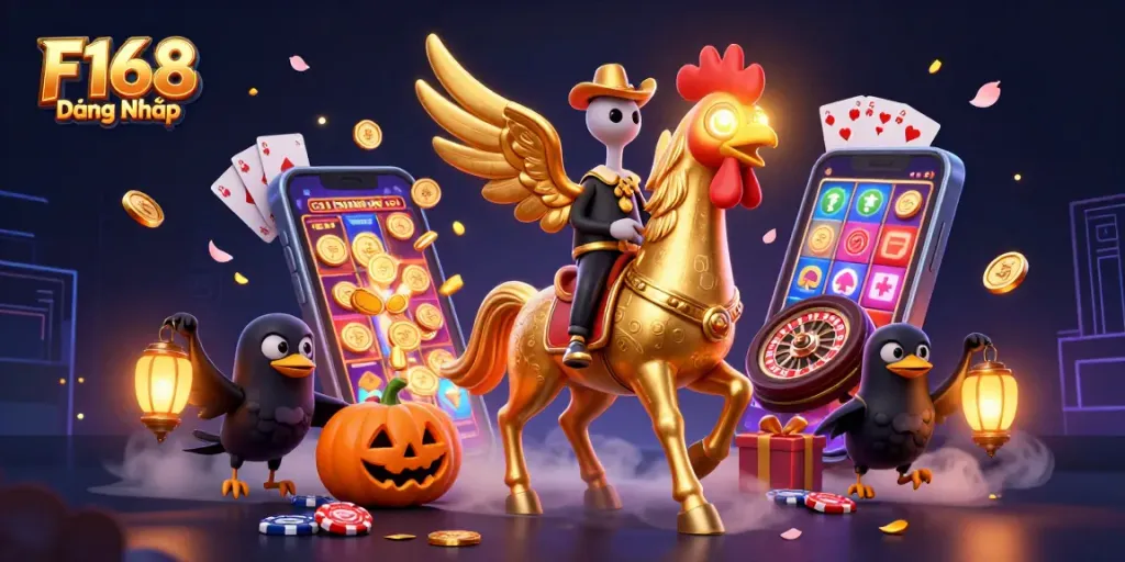 Engage in the thrill of F168 Đăng Nhập with a golden rooster in a vibrant casino scene.