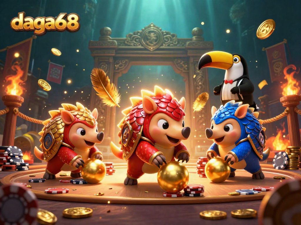 Engage in thrilling action with daga68 as pangolins bowl through poker chips in this vibrant artwork.