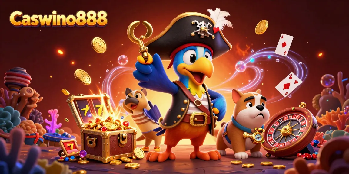 Experience the excitement at Caswino888 with a vibrant scene featuring a pirate captain and friends among slot reels and treasures.