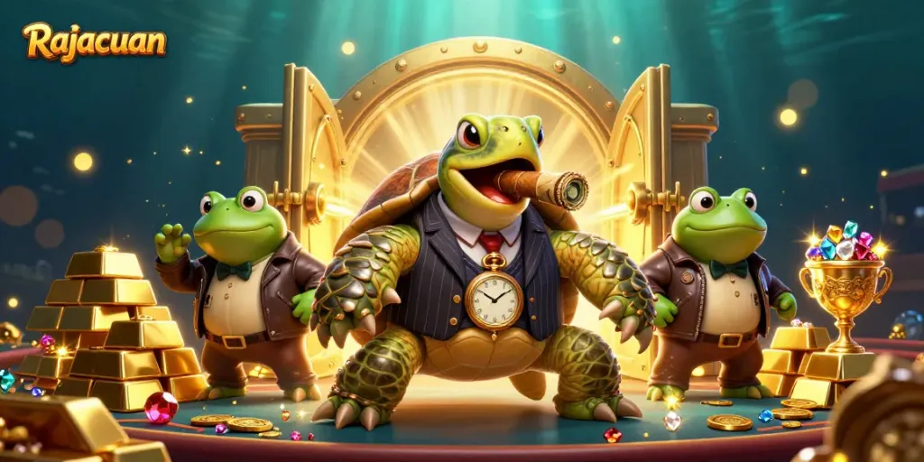 Rajacuan casino scene with turtle mobster and bullfrogs amidst treasures and gold light.