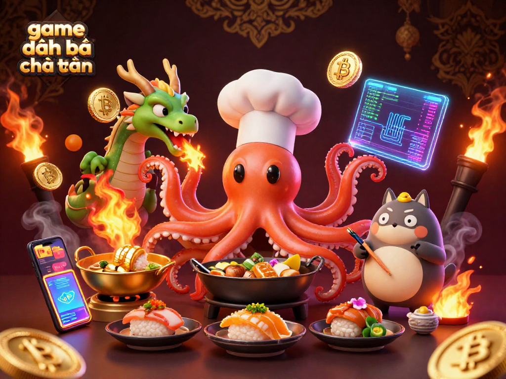 Engage with game đánh bài đổi thưởng in this vibrant illustration featuring fun characters and crypto elements.