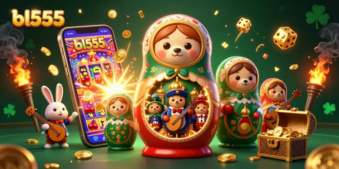 Experience the excitement of bl555 with a vibrant 3D illustration of a slot machine bursting with rewards and playful characters.