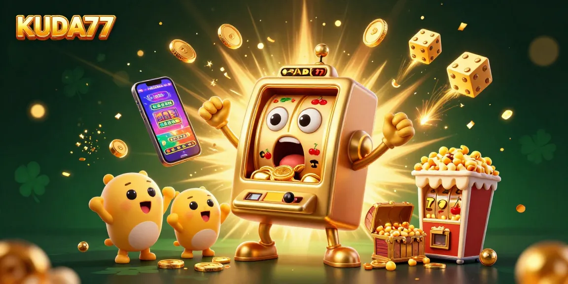 Mesin slot KUDA77 merayakan jackpot dengan koin berlimpah, dikelilingi tema kasino ceria.