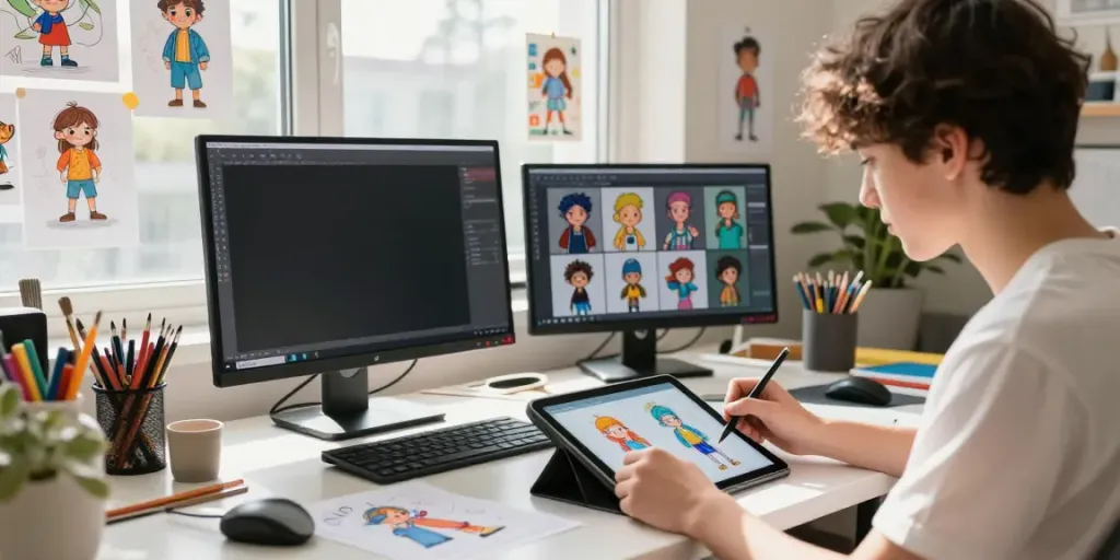 AI character sheet generator displayed on screen in a colorful digital art studio.