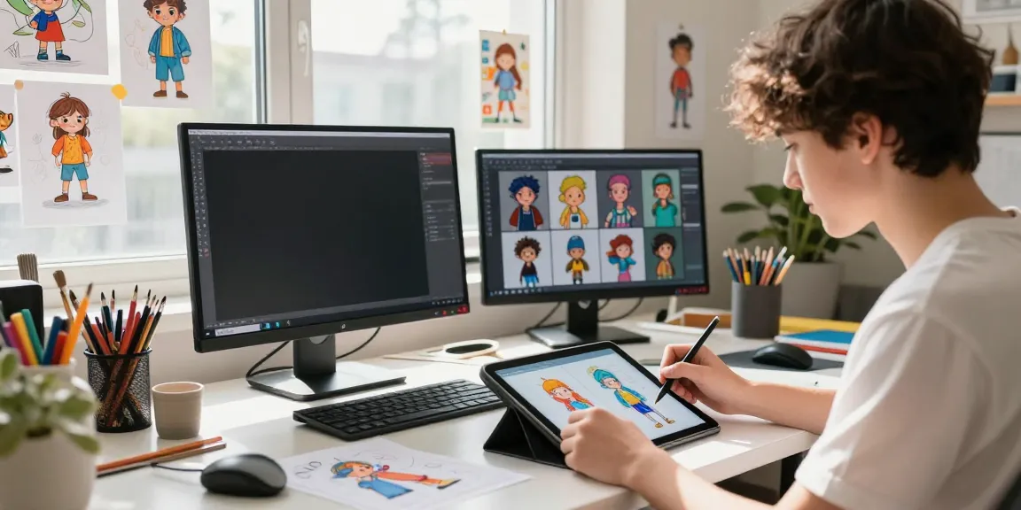 AI character sheet generator displayed on screen in a colorful digital art studio.