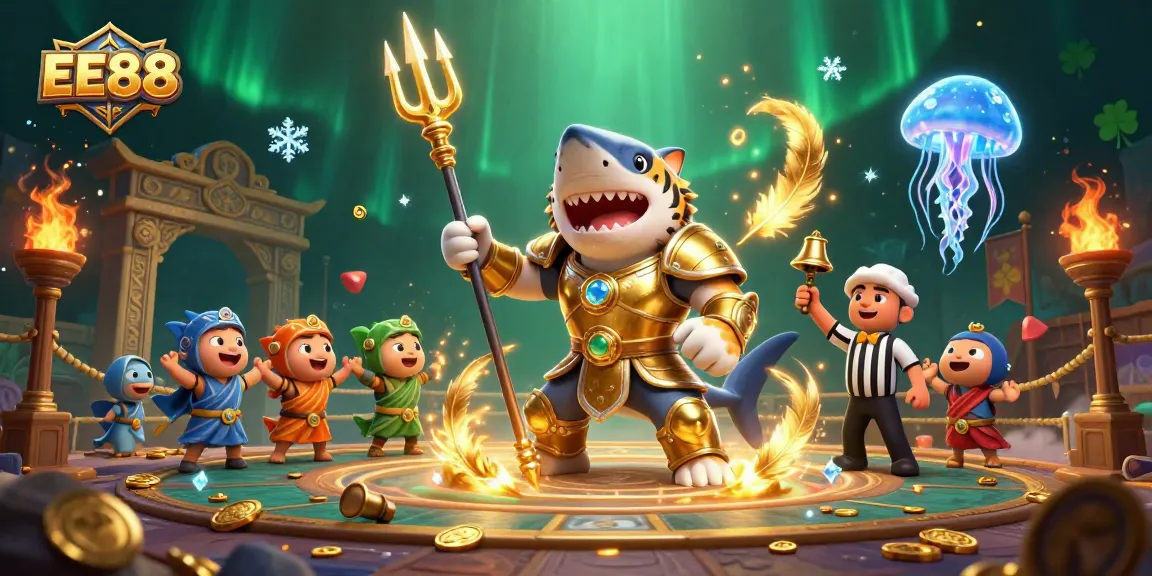 EE88 showcases an intense underwater gladiator battle with a tiger shark and vibrant casino elements.
