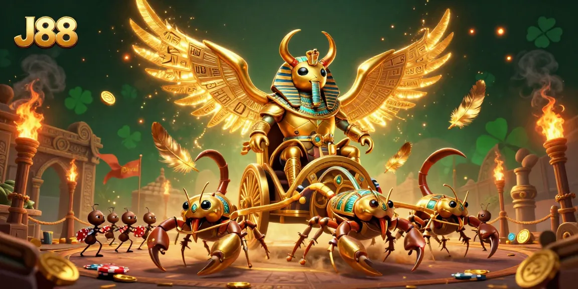 Win big at J88 with a 3D scene featuring a colossal golden scarab and scorpions amidst swirling riches.