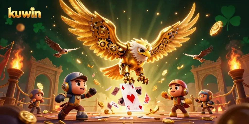 Kuwin's immersive casino experience featuring a vibrant cybernetic eagle soaring through holographic cards in a dynamic gambling arena.