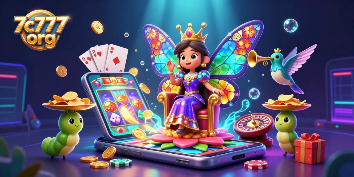 Engage with the vibrant scene of 7c777 org featuring a butterfly queen on her throne amidst thrilling gaming elements.