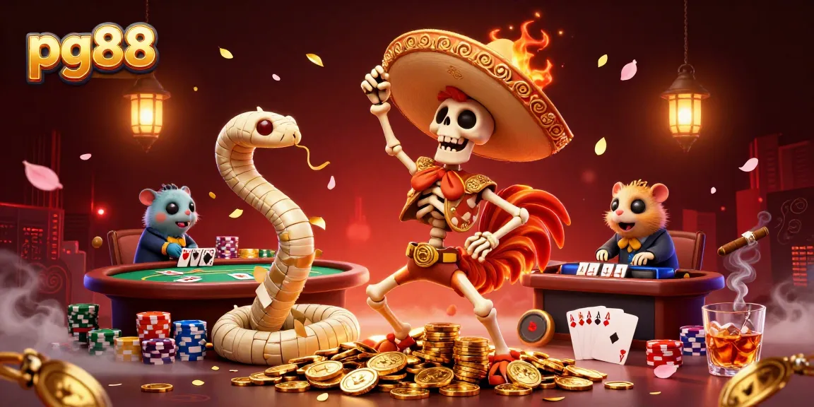 Experience the fun at pg88 as a mariachi rooster dances on golden coins surrounded by poker elements.