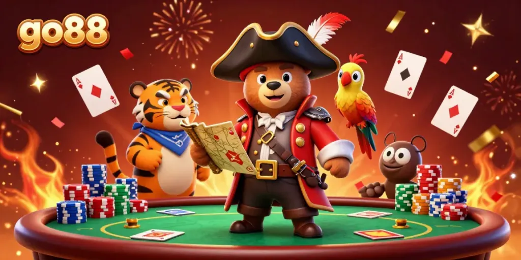 Join the excitement at go88 with a colorful casino scene featuring poker chips, cards, and whimsical characters.