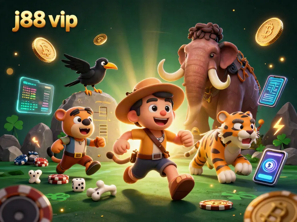 Experience the thrill of j88 vip gaming with a vibrant prehistoric casino illustration.