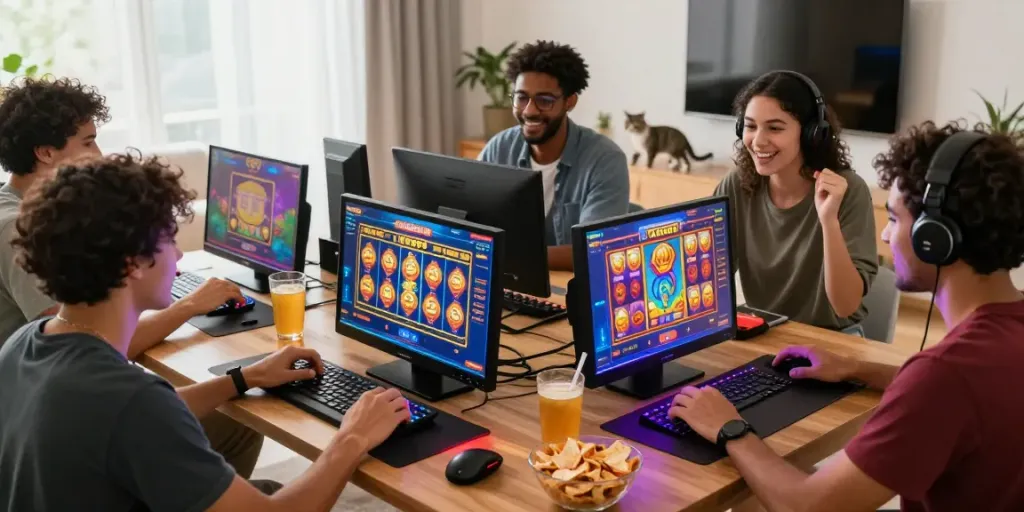 Exciting home gaming scene with friends enjoying KING999 online slot games.