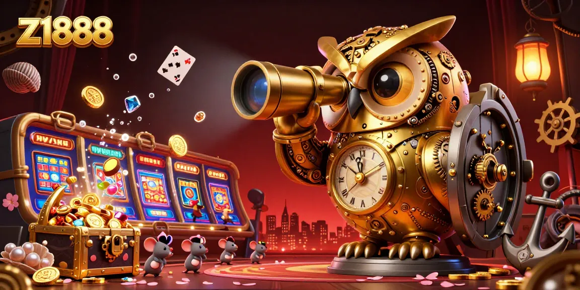 Experience vibrant thrills with z1888's golden owl and wind-up mouse in an action-packed casino scene.