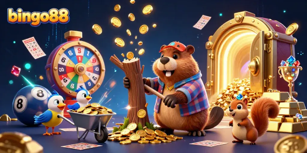 Gambar yang menggambarkan bingo88 dengan karakter ceria dan unsur permainan bingo menampilkan keceriaan dan jackpot.