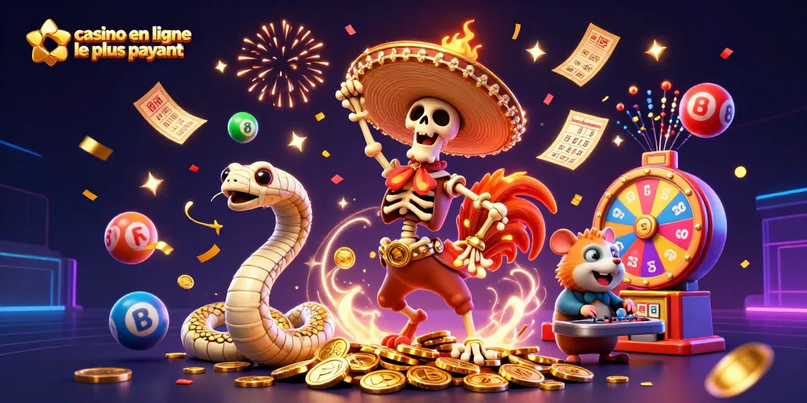 Illustration festive représentant le casino en ligne le plus payant avec un rooster mariachi dansant et des éléments de loterie.