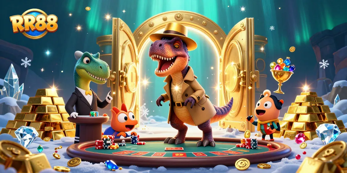 Engage in excitement at RR88 with a cartoon velociraptor card counter at a dynamic casino scene.