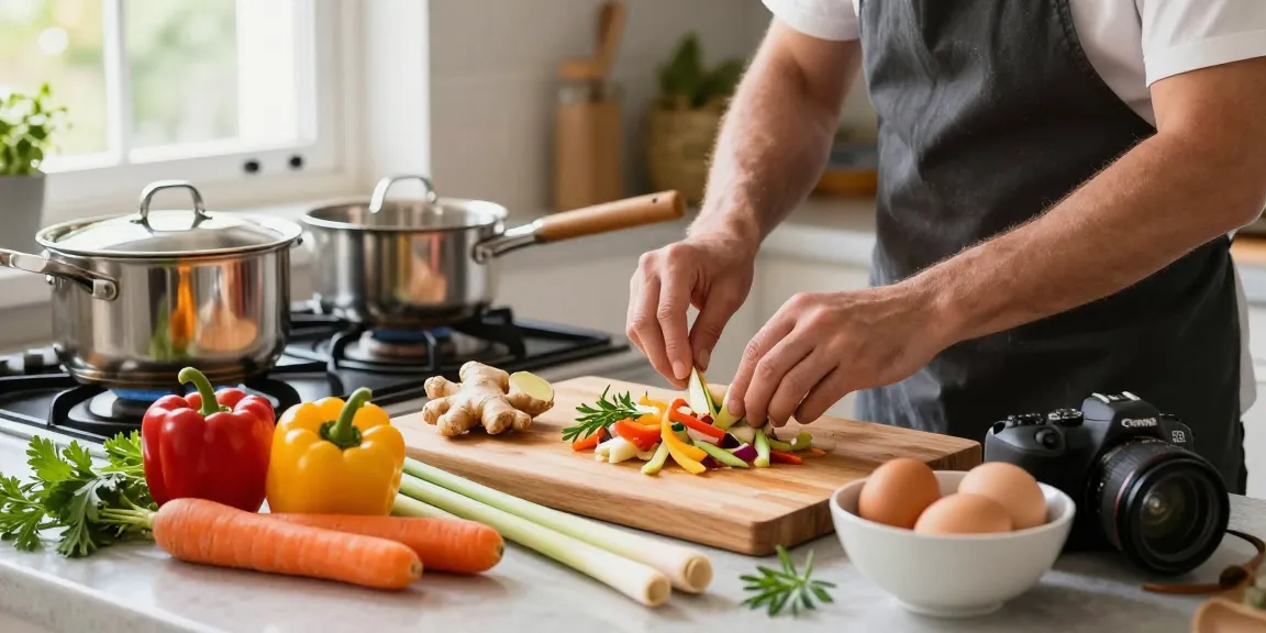 Ginger and lemongrass being used in a healthy meal preparation, showcasing fresh ingredients and cooking activity in a vibrant kitchen