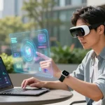 Young professional using AI wearables in an innovative outdoor workspace with holographic UI elements.