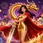 Experience ao88 with a royal queen and dragon, surrounded by slot machines and winning symbols.