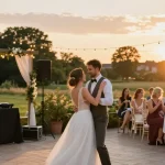 Hochzeit DJ Brandenburg: Romantische Tanzszene bei Sonnenuntergang mit DJ und Gästen