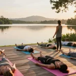 Participants in Simon Borg-Olivier intensive Sri Lanka practicing yoga by Koggala Lake surrounded by nature.