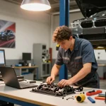 BMW Steuerkette wechseln in professioneller Werkstatt mit Mechaniker bei der Arbeit.