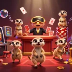 Engage and win with LLwin gold, featuring meerkats in a lively casino scene.