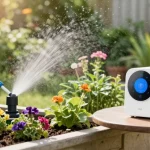 Smart sprinkler system efficiently watering a vibrant home garden filled with flowers and greenery.