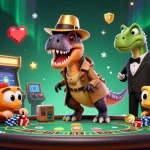 Découvrez le casino en ligne paysafecard avec un velociraptor joueur au blackjack, entouré de machines colorées.