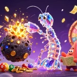 Witness myhm88's thrilling journey through a vibrant casino world, filled with gold and dynamic lottery elements.