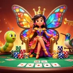 Engage in thrilling gameplay at xim, with a vibrant casino scene featuring a butterfly queen and poker elements.