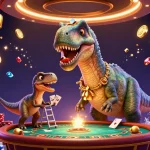 Experience the excitement of vipwin with a vibrant 3D casino scene featuring a brontosaurus, clever raptor, and dynamic game elements.