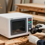 Shashel microwave technology eliminating wood-boring insects in a professional wood treatment environment.