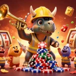 Experience the thrill of slot gacor with cartoon dinosaurs celebrating a jackpot win.